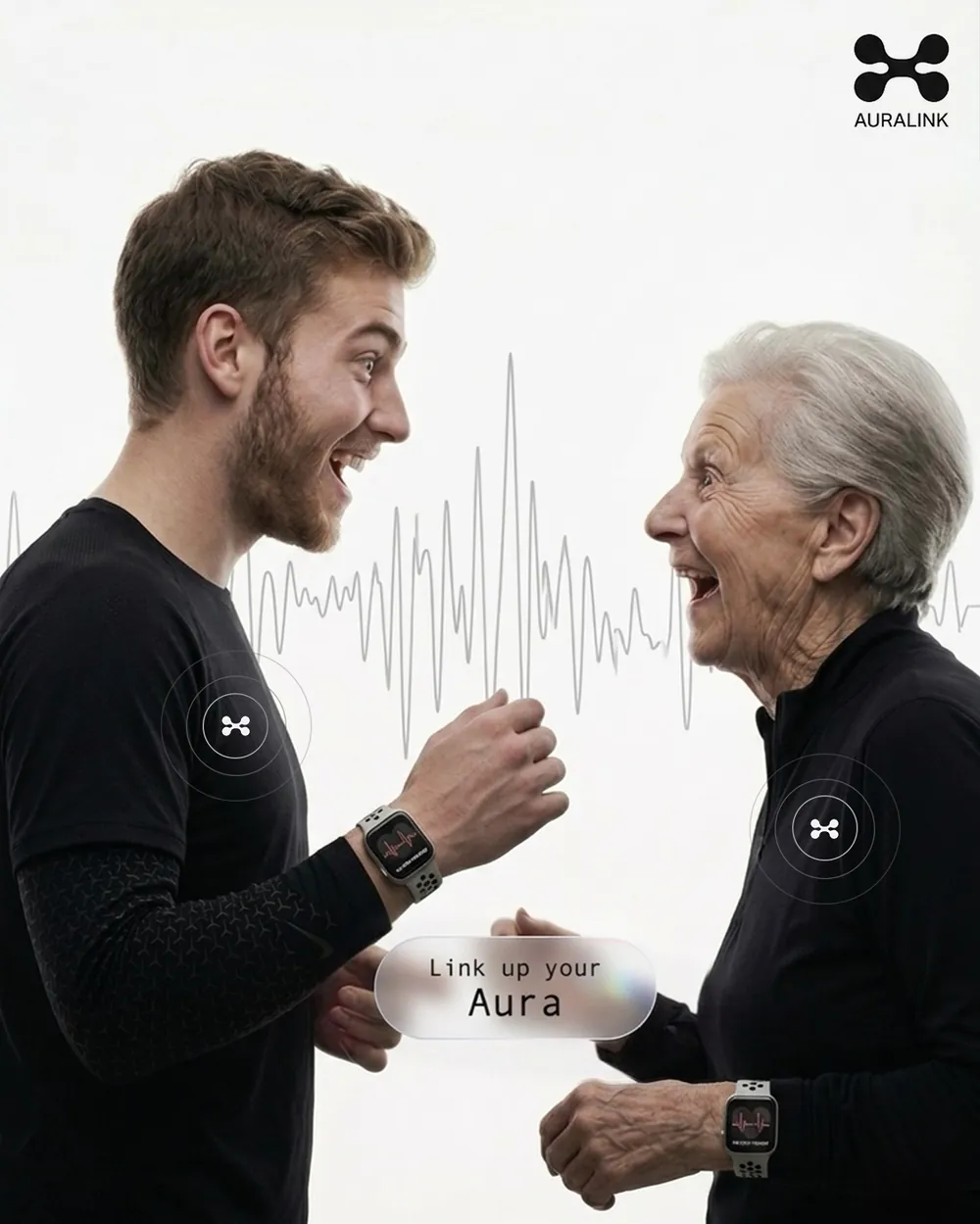 AURALINK concept visual: two generations connecting through shared biometric music, 'Link up your Aura'