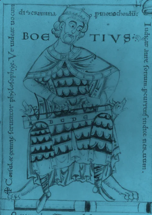 Medieval manuscript illumination of Boethius holding a monochord