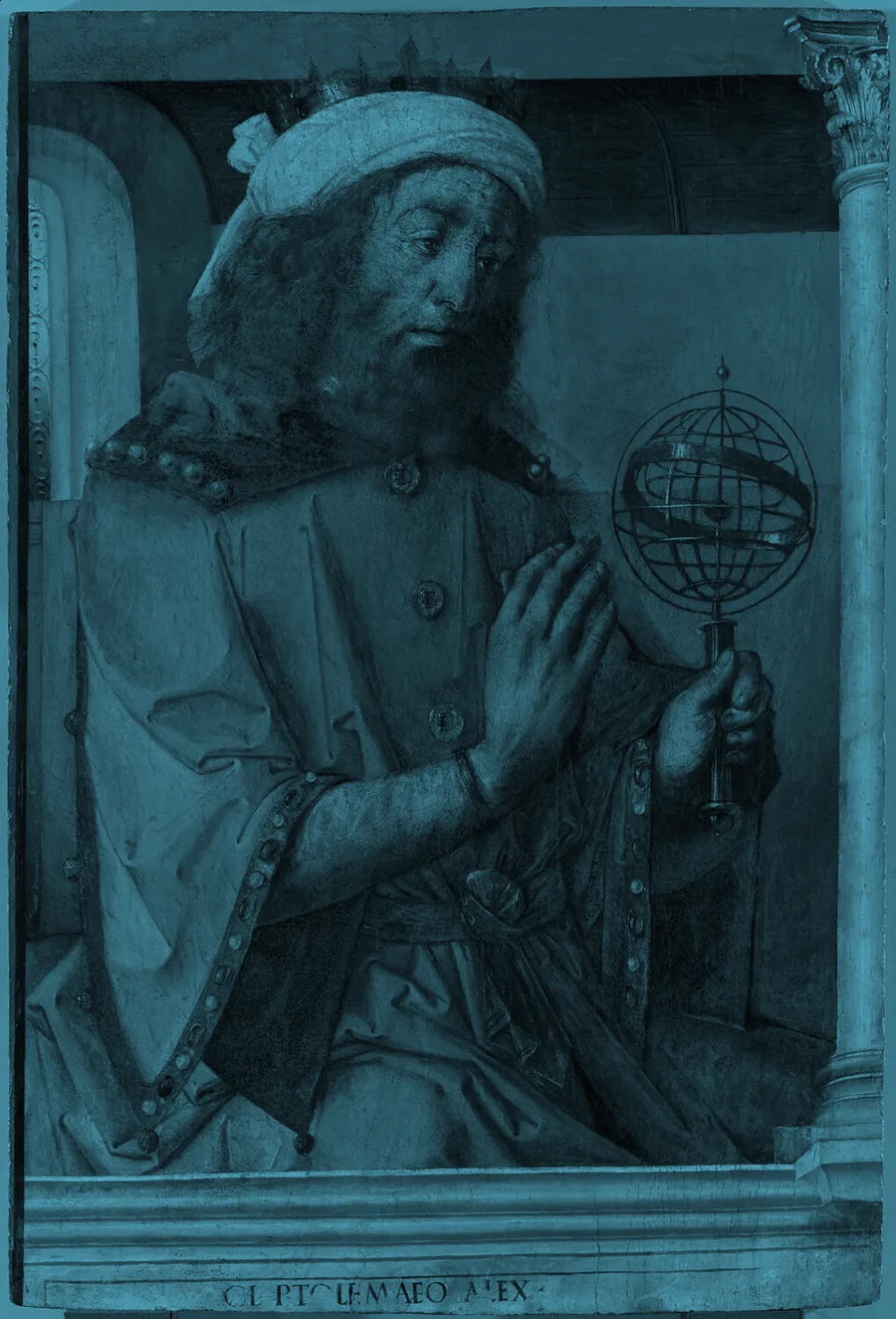 1476 panel painting of Ptolemy holding an armillary sphere