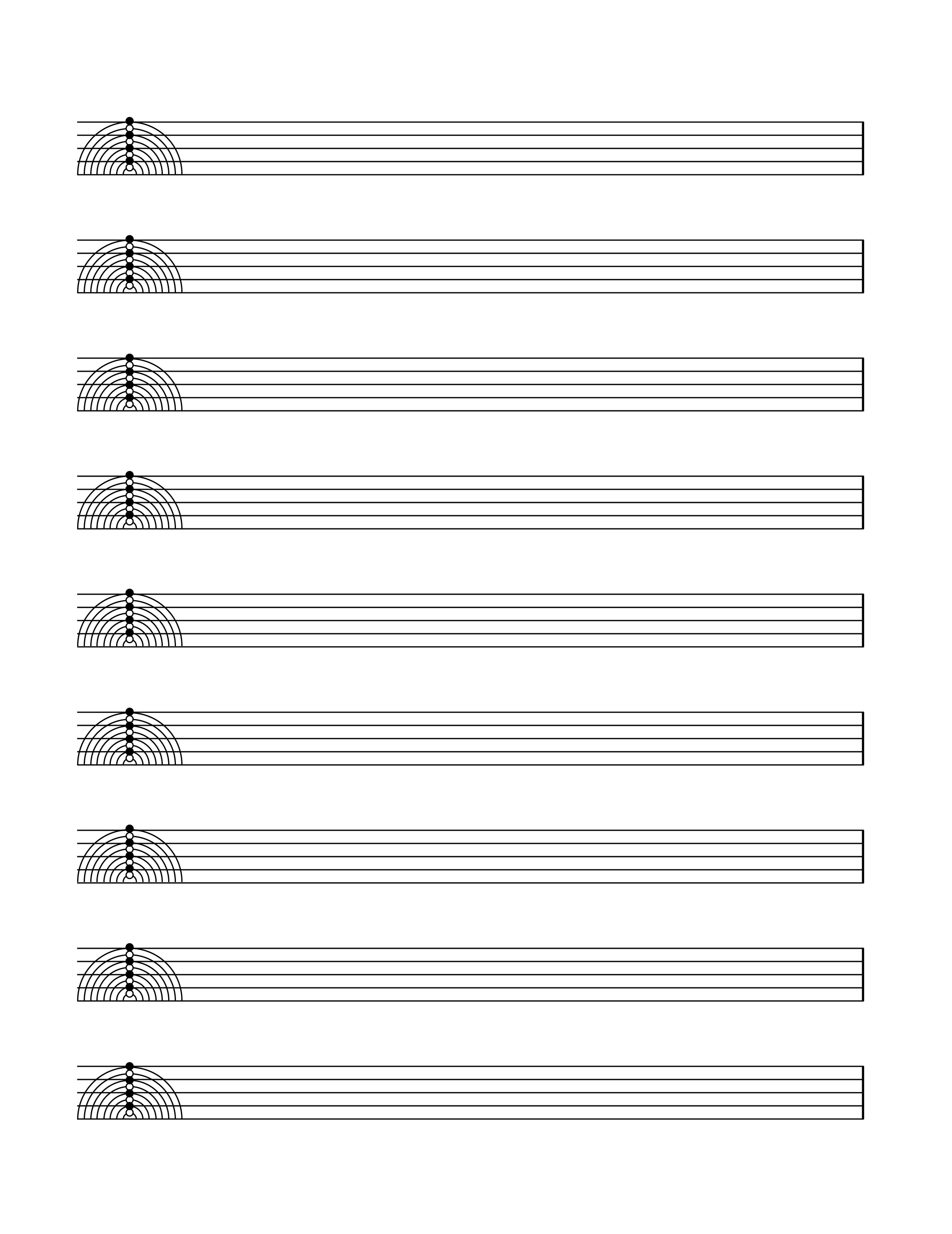 Blank SONIKOSMOS SOL-ω staff paper: nine positions per system, the concentric-orbit SOL Clef at the start of every line.